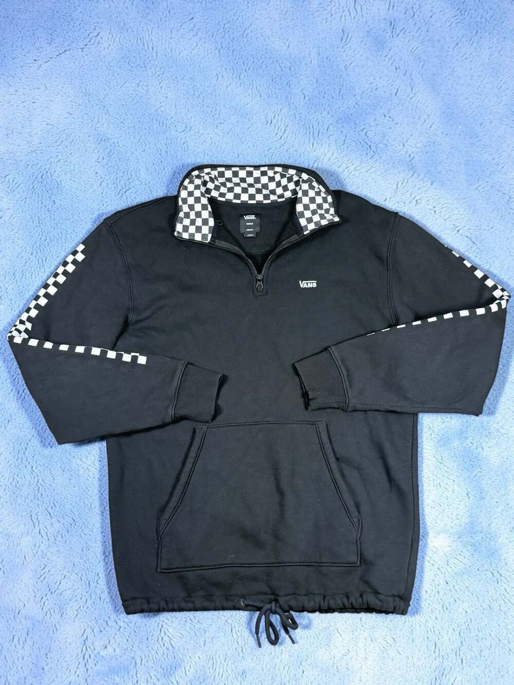 Vans Men's Versa Quarter Zip Pullover Sweatshirt Black White Checkerboard Medium